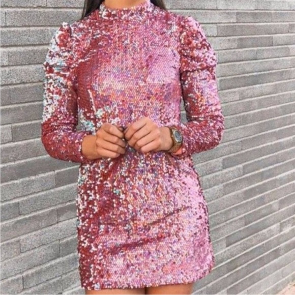 Zara Dresses & Skirts - Zara Pink Sequin Long Sleeve Dress